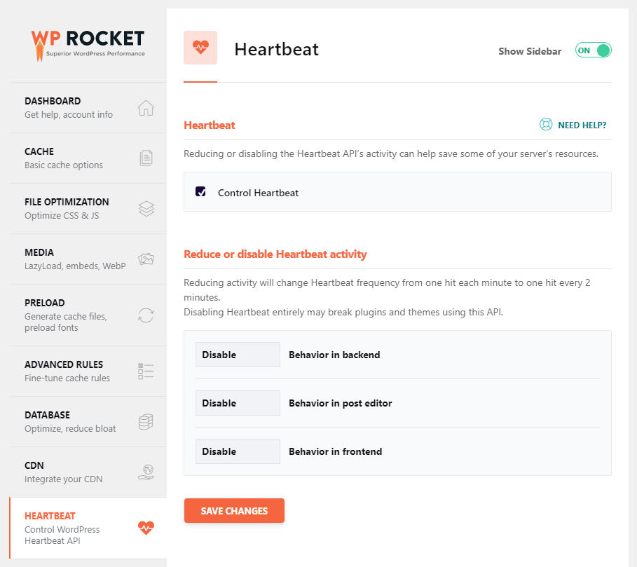 wp rocket heartbeat settings